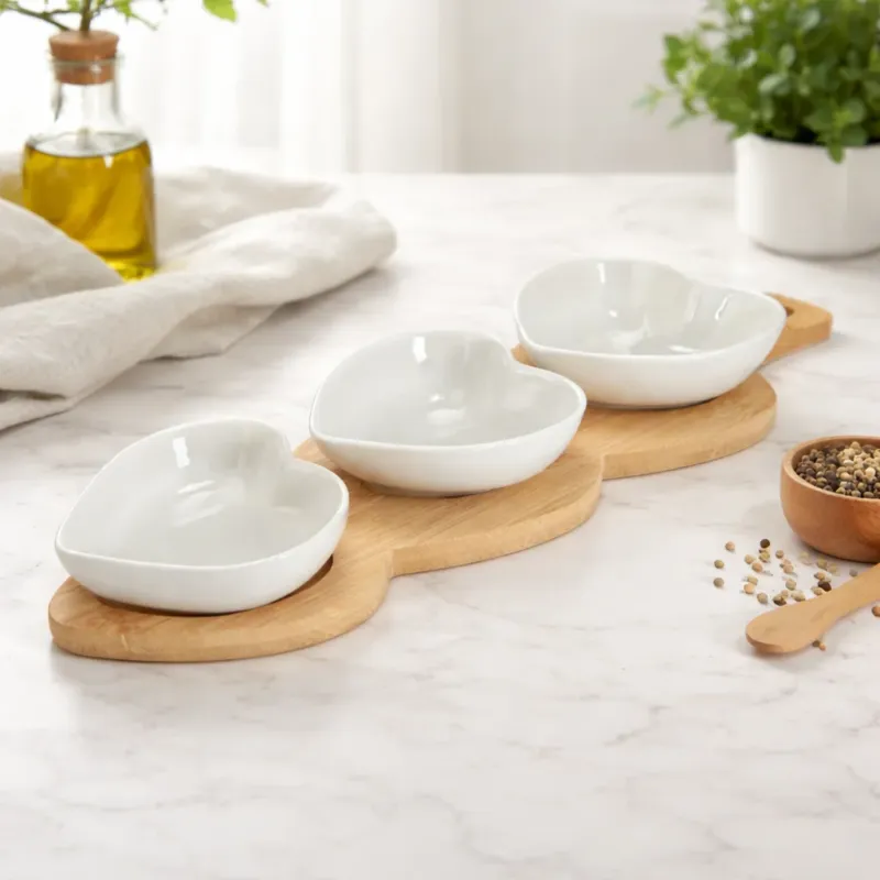 Prezzo Basso Set 3 ciotoline in porcellana Cuore cn base in bamboo - Maison Tortorà