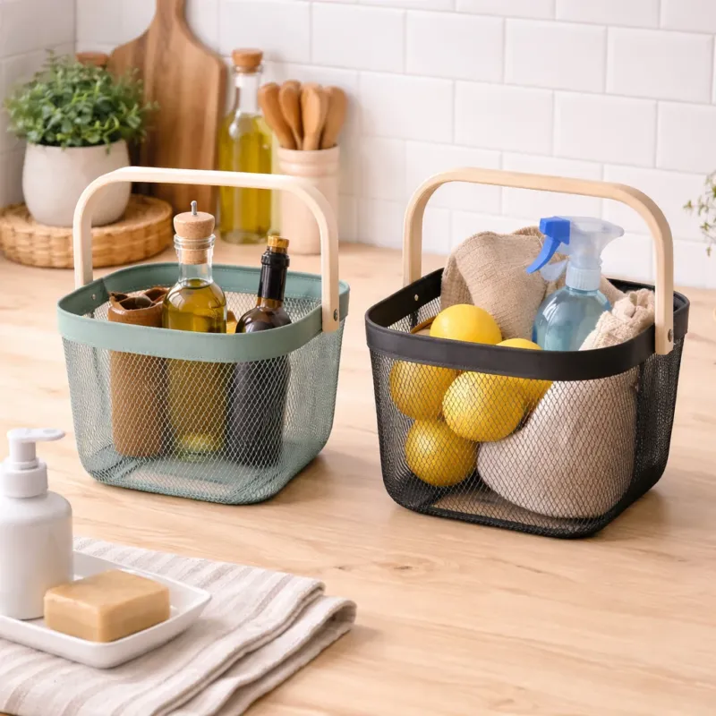 Cestino in Ferro Quadrato con Manico in Legno 25x24,5x18 cm – AD TREND Consegna Rapida