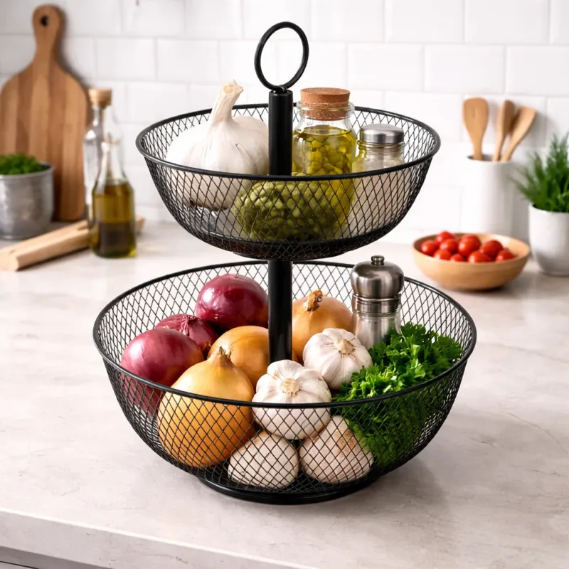 Ultima Occasione Alzata in Ferro 2 Cestini AD Trend H41 cm – Porta Frutta o Organizer Cucina