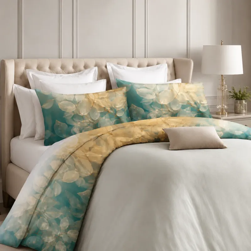 Spedito Oggi Completo Lenzuola Matrimoniale con Balza Stampata Foglie Gold 100% Cotone - Botticelli Home