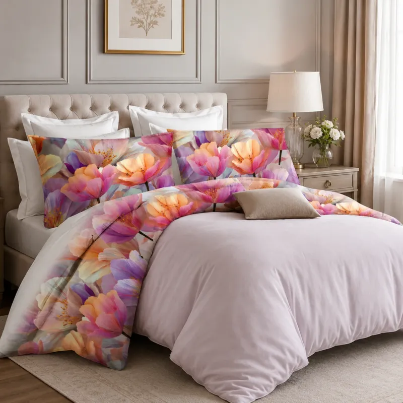Completo Lenzuola Matrimoniale con Balza Stampata Maxi Fiori Acquerello 100% Cotone - Botticelli Home Miglior Prezzo