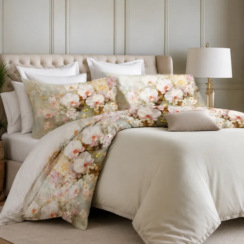 Completo Lenzuola Matrimoniale con Balza Stampata Orchidea Romantica 100% Cotone - Botticelli Home Nuova Collezione