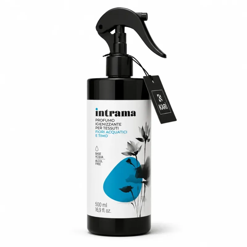 Profumo Igienizzante per Ambienti, Tessuti e Tendaggi Intrama Fiori Acquatici e Timo 500 ml - Karì Reso Gratuito