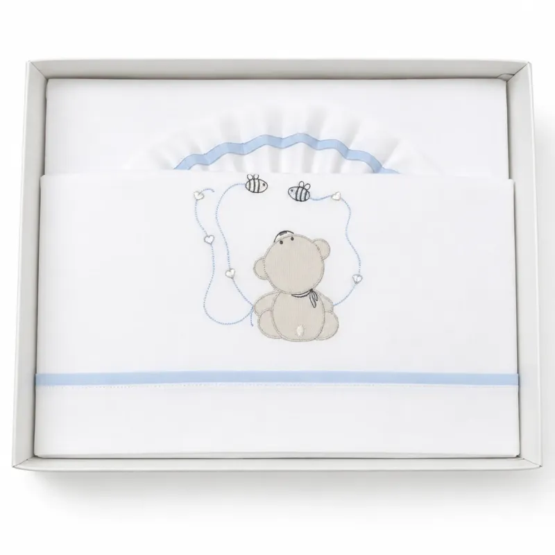 Spedizione Espresso Completo Lenzuola Lettino 3pz con Ricamo Orsetto e Api 100% Cotone - Dolci Sogni