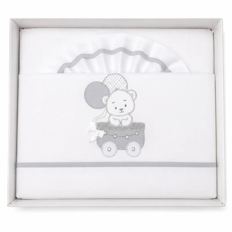 Completo Lenzuola Lettino 3pz Orsetto Trenino 100% Cotone - Dolci Sogni Non Perdere