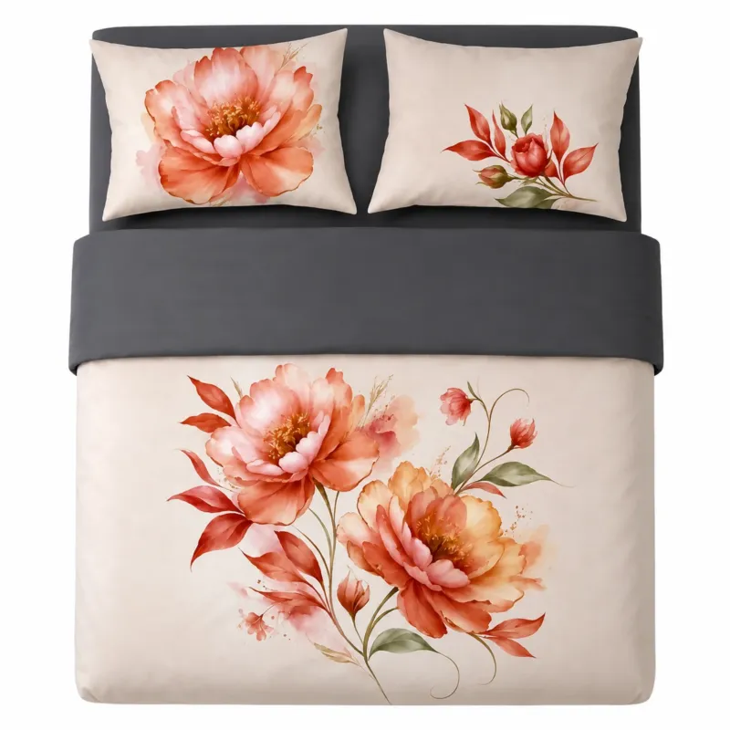 Di Tendenza Completo Lenzuola Copriletto Matrimoniale PEACHY FLOWER 100% Cotone - Biancaluna