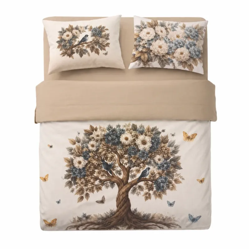 Offerta Lampo Completo Lenzuola Copriletto Matrimoniale ALBERO DELLA VITA 100% Cotone - Biancaluna