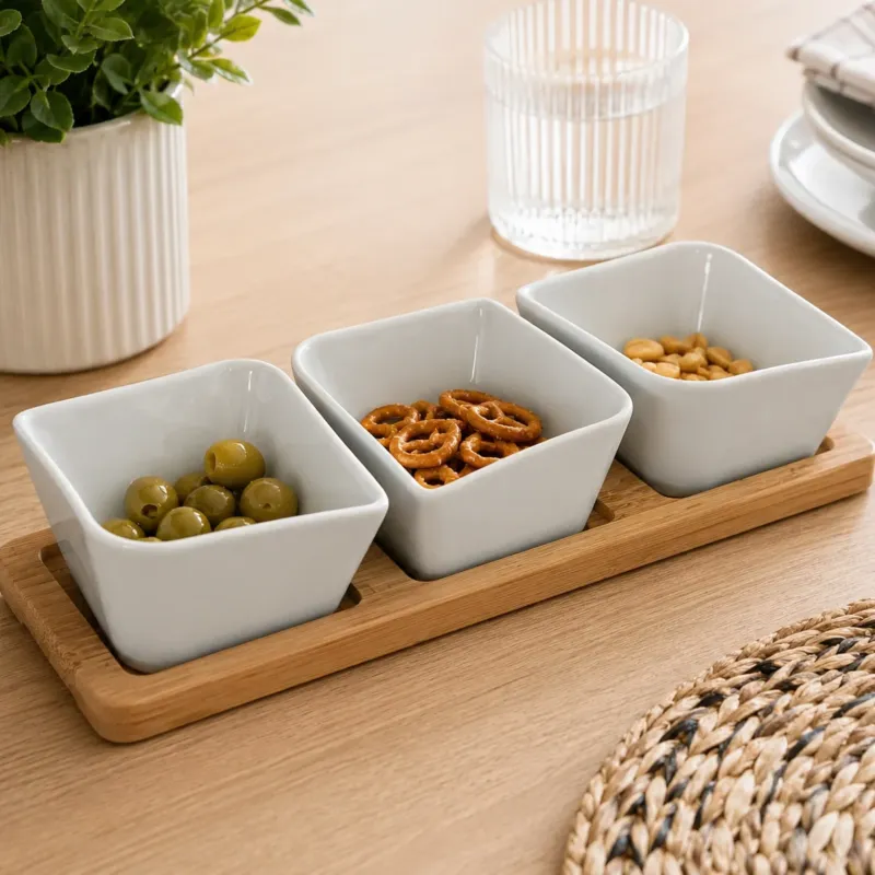 Esclusivo Set 3 Ciotole da Aperitivo in Porcellana Bianca con Base in Bamboo - Maison Tortorà