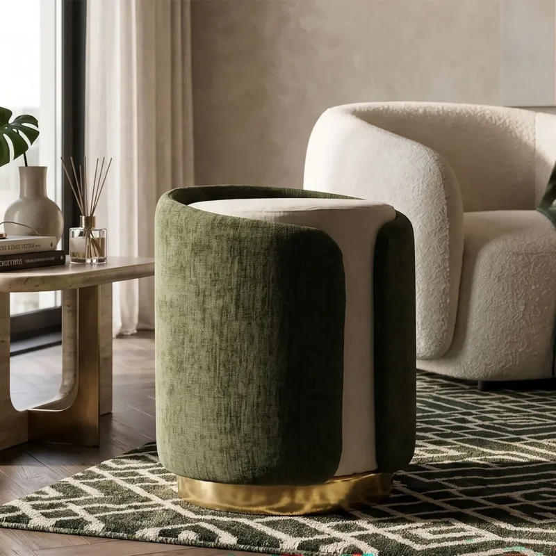 Direttamente Dal Produttore Pouf Stile Glam Bicolore Panna/Verde Con Base Dorata - Ferretti