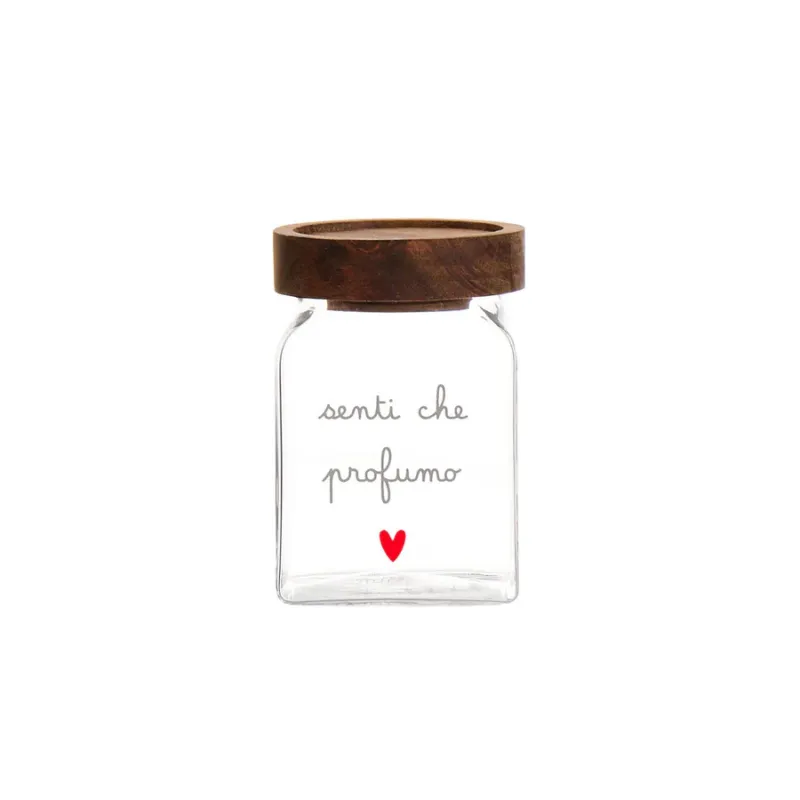 Prezzo Di Fabbrica SIMPLE DAY Barattolo vetro borosilicato e tappo in legno “Senti che profumo” – 6 x 6 x 9 cm