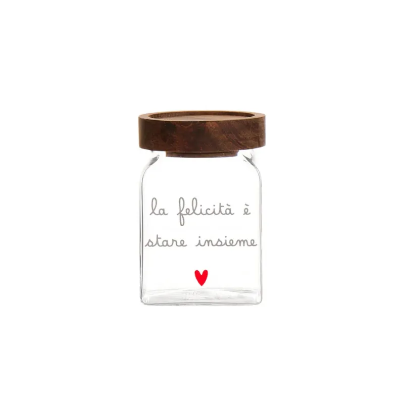 SIMPLE DAY Barattolo vetro borosilicato e tappo in legno “La felicità è stare insieme” – 6 x 6 x 9 cm Miglior Prezzo