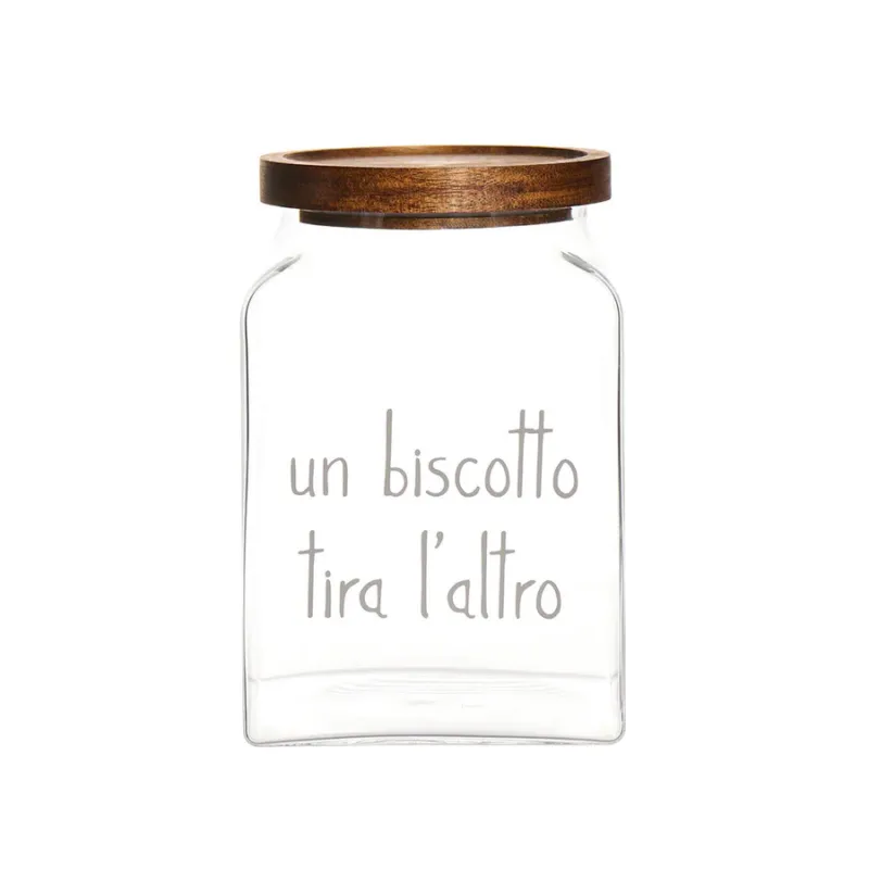 Super Prezzo SIMPLE DAY Barattolo vetro borosilicato e tappo in legno “Un biscotto tira l’altro” – 12 x 12 x 18 cm