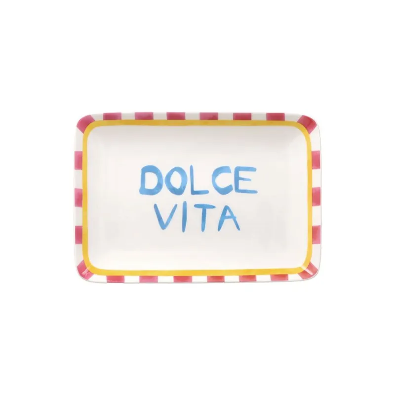 Nuova Collezione Piatto rettangolare rosa e giallo “Viva L’Italia – Dolce Vita” Linea New Milk & Coffee – 23 x 16 cm