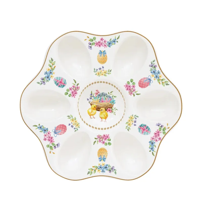 EASY LIFE Piatto portauova in porcellana “Spring Bloom” con decoro pulcini e fiori – ⌀ 21 cm Popolare