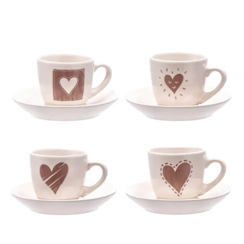 Servizio tazzine caffè in ceramica per 4 persone “Nara” con decoro cuore Soddisfatti O Rimborsati