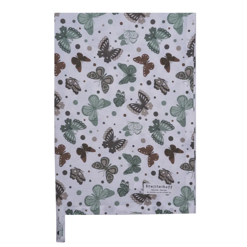 Ultimissimo Modello KRASILNIKOFF Strofinaccio in cotone “Farfalle verdi” – 50 x 70 cm