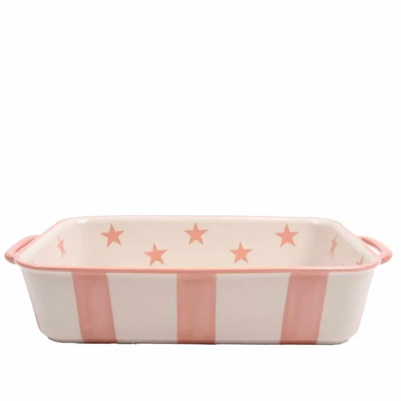 Reso Gratuito Pirofila da forno in ceramica “Righe rosa” dipinta a mano – 30,1 x 18,4 x h 6,3 cm