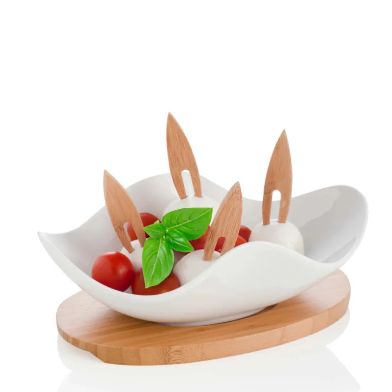BRANDANI Antipastiera in porcellana “Nuvola” con 4 forchettine in bamboo – 21 x h 13 cm Offerta Lampo